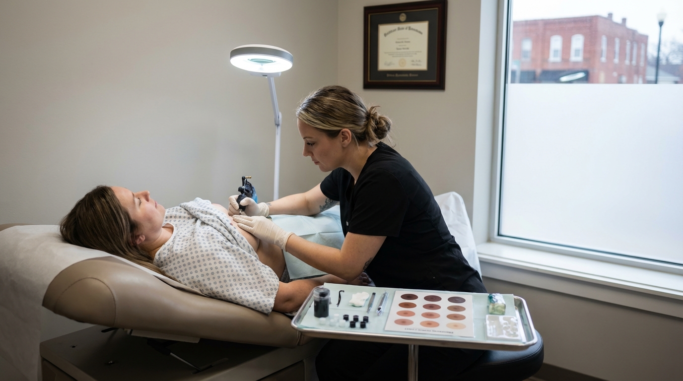 Nipple tattooing after mastectomy in Wentzville, showing realistic areola restoration for breast cancer survivors